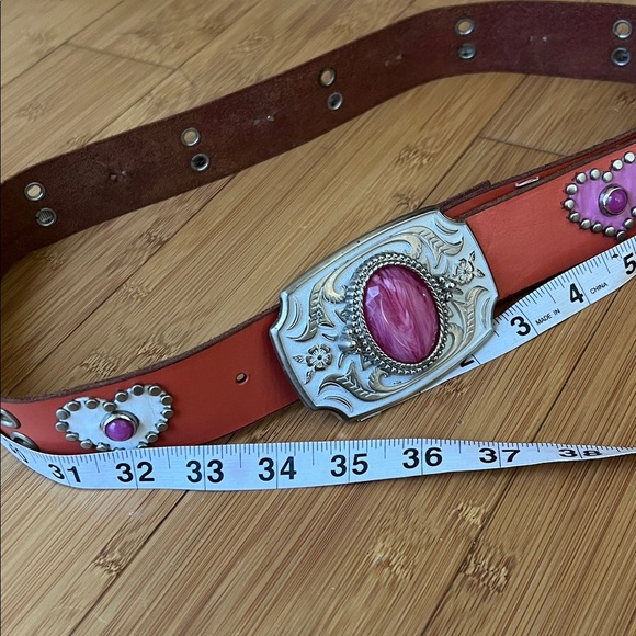 Retro Jeri Hart Design Pink Orange Leather Studded Jeweled Heart Western Belt - Picture 10 of 15